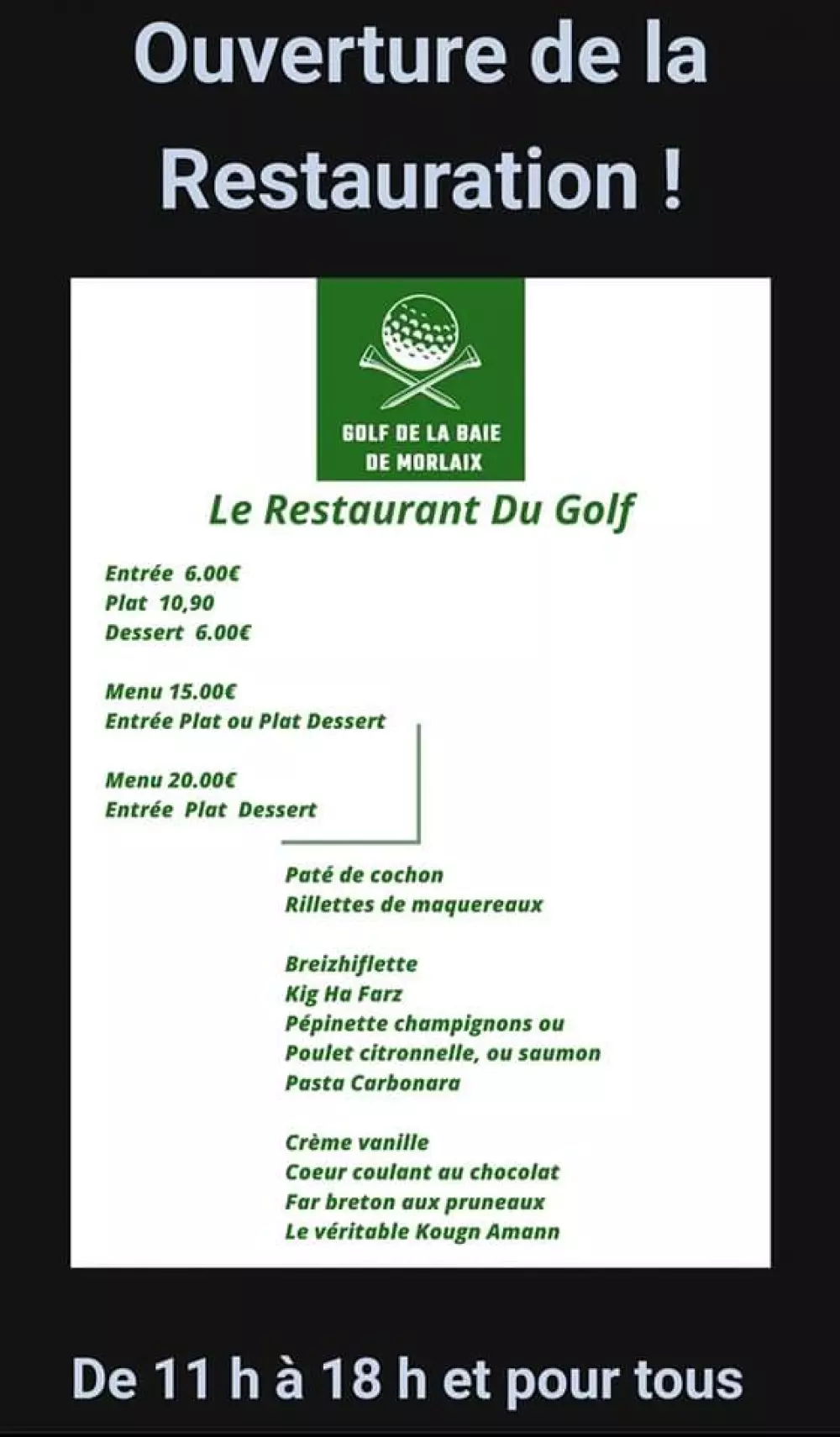 menu restaurant du golf 